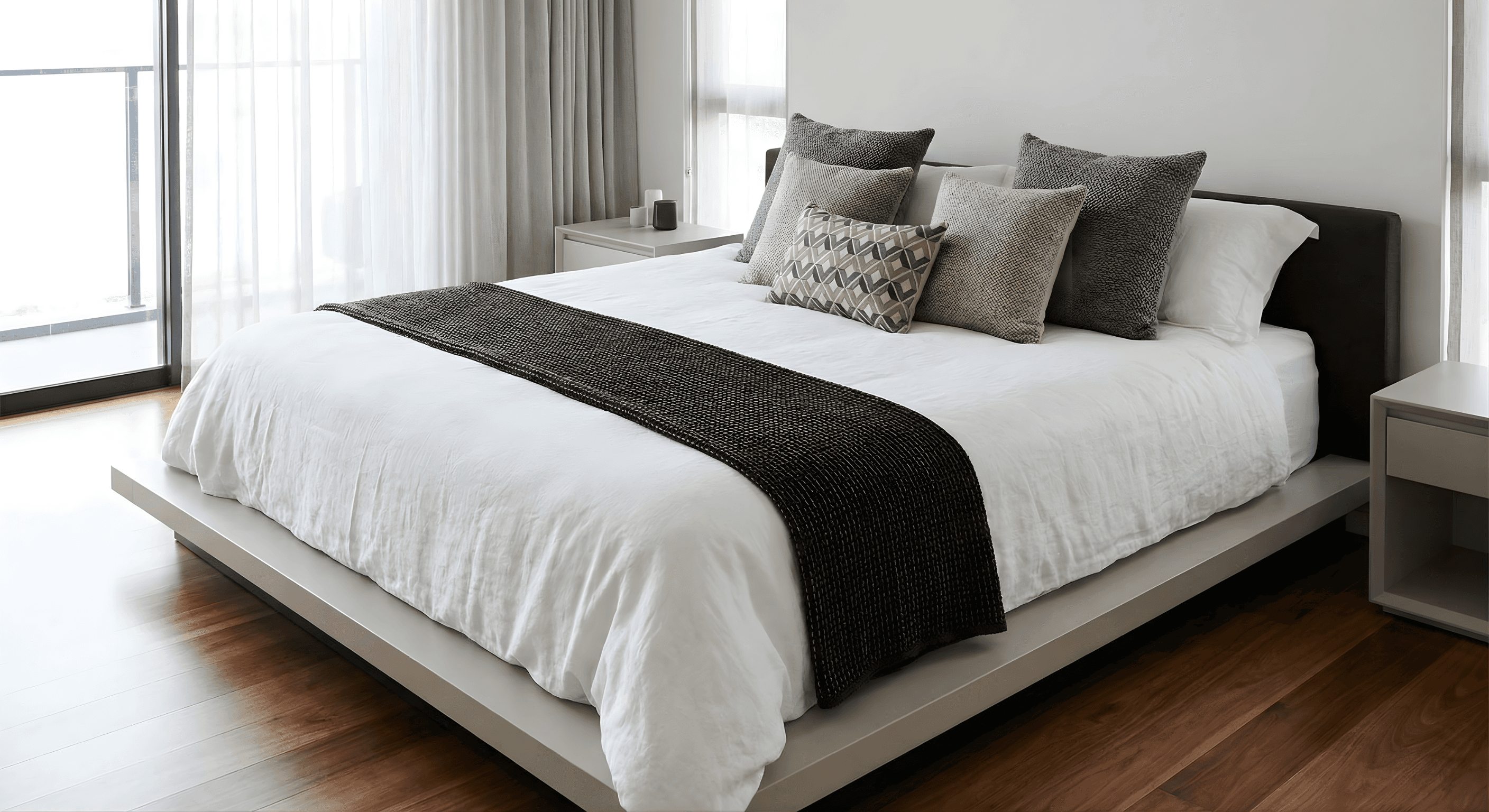 Modern bedroom with minimalist aesthetic and natural light