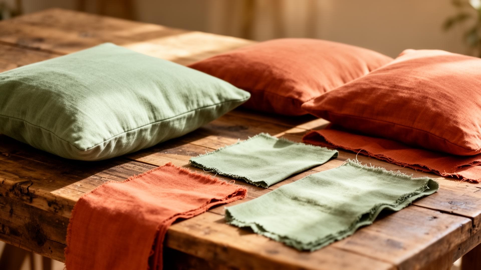 Handmade cushion covers and fabric swatches on a rustic wooden table