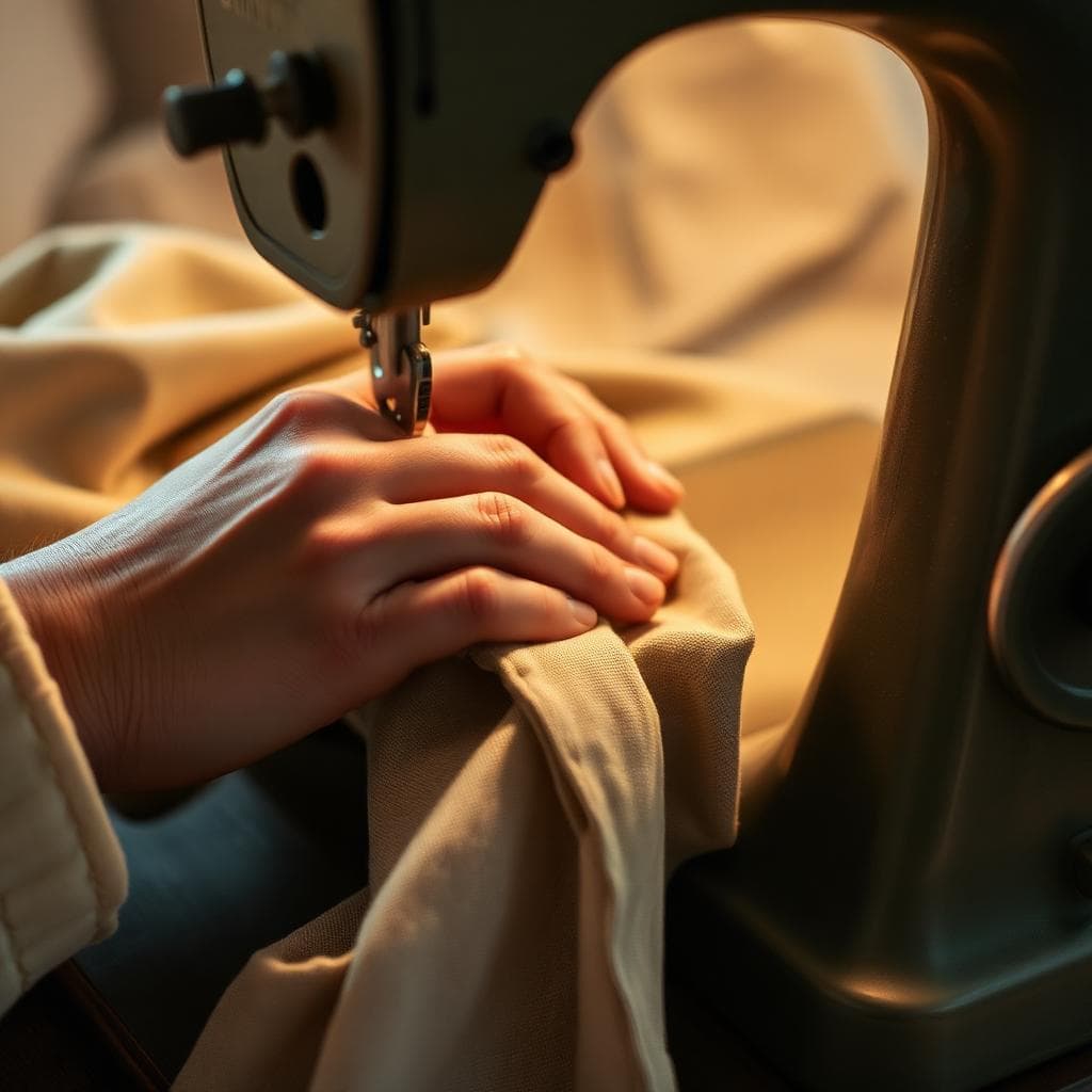 Hands sewing fabric on a vintage sewing machine